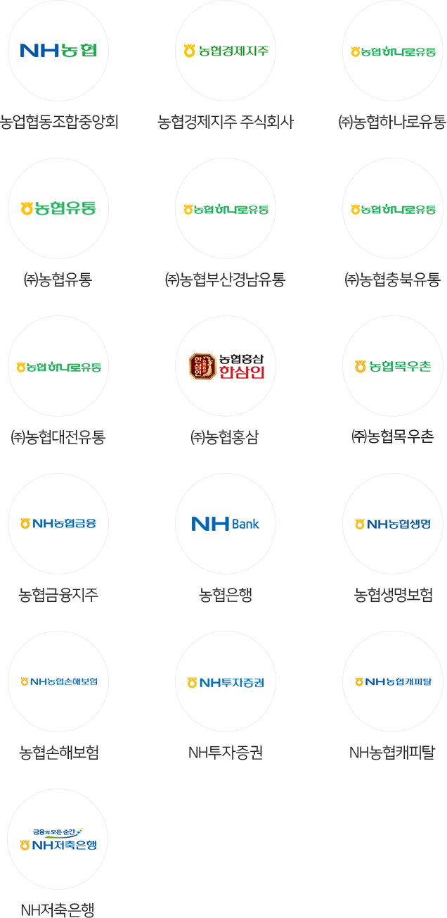 농업협동조합중앙회, 농협경제지주 주식회사, (주)농협하나로유통, (주)농협유통, (주)농협부산경남유통, (주)농협충북유통, (주)농협대전유통, (주)농협홍삼, (주)농협목우촌, 농협금융지주, 농협은행, 농협생명보험, 농협손해보험, NH투자증권, NH농협캐피탈, NH저축은행