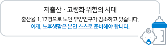 저출산 고령화위험의 시대 출산율 1.17명으로 노인 부양인구가 감소하고 있습니다. 이제, 노후생활은 본인 스스로 준비해야합니다.