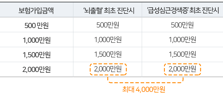 '뇌출혈', '급성심근경색증' 최초 진단시 보험가입금액 : '뇌출혈' 최초 진단시 2,000만원,  '급성심근경색증' 최초 진단시  2,000만원 / 최대 4,000만원