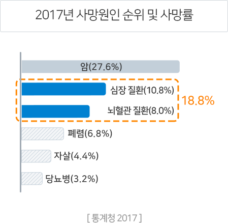 2017년 사망원인 순위 및 사망률 암(27.6%), 심장 질환(10.8%), 뇌혈관 질환(8.0%), 폐렴(6.8%), 자살(4.4%), 당뇨병(3.2%) / 심장 질환, 뇌혈관질환(18.8%) / [통계청 2017]