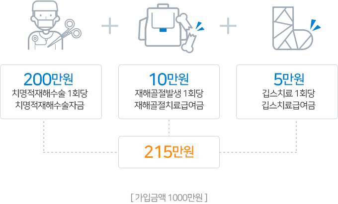 215만원 : 200만원 치명적재해수술 1회당 치명적재해수술자금, 10만원 재해골절발생 1회당 재해골절치료급여금, 5만원 깁스치료 1회당 깁스치료급여금 [가입금액 1000만원]