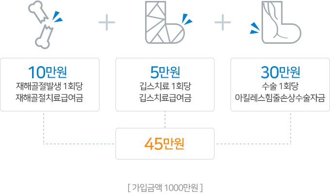 45만원 : 10만원 골절발생 1회당 재해골절치료급여금, 5만원 깁스치료 1회당 깁스치료급여금, 30만원 수술 1회당 아킬레스힘줄손상수술자금 [가입금액 1000만원]