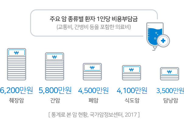 주요 암 종류별 환자 1인당 비용부담금(교통비, 간병비 등을 포함한 의료비) : 췌장암 6,200만원 / 간암 5,800만원 / 폐암 4,500만 / 식도암 4,100만 / 담낭암 3,500만 [통계로 본 암 현황, 국가암정보센터, 2017]